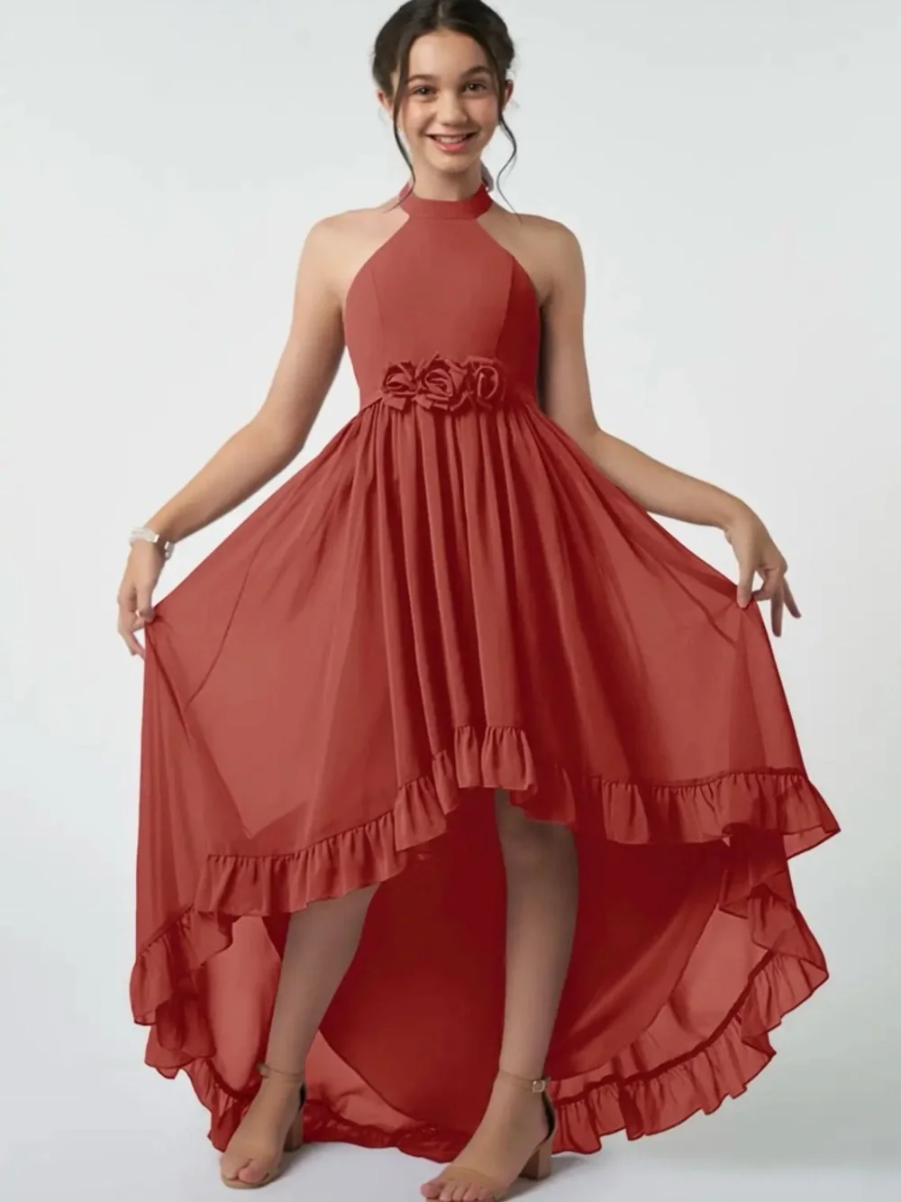 Azazie Halter High-Low Ruffle Maxi Dress in Rust - Picture 2 of 4